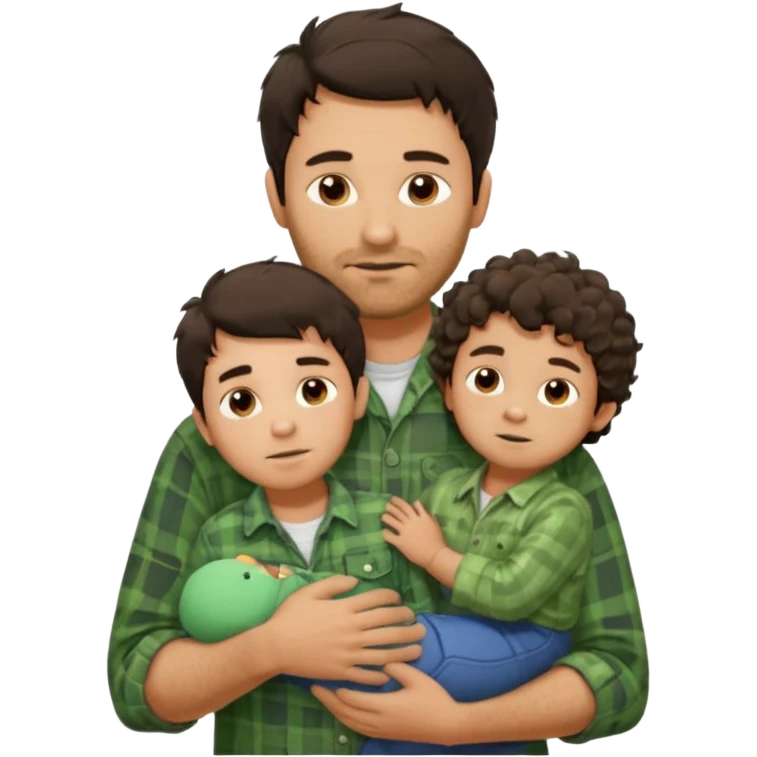 A father with messy medium-length dark hair and light stubble, wearing a green flannel shirt. He holds his one child who has short curly brown hair and a cream-colored romper. Cozy warm lighting, authentic family moment. emoji