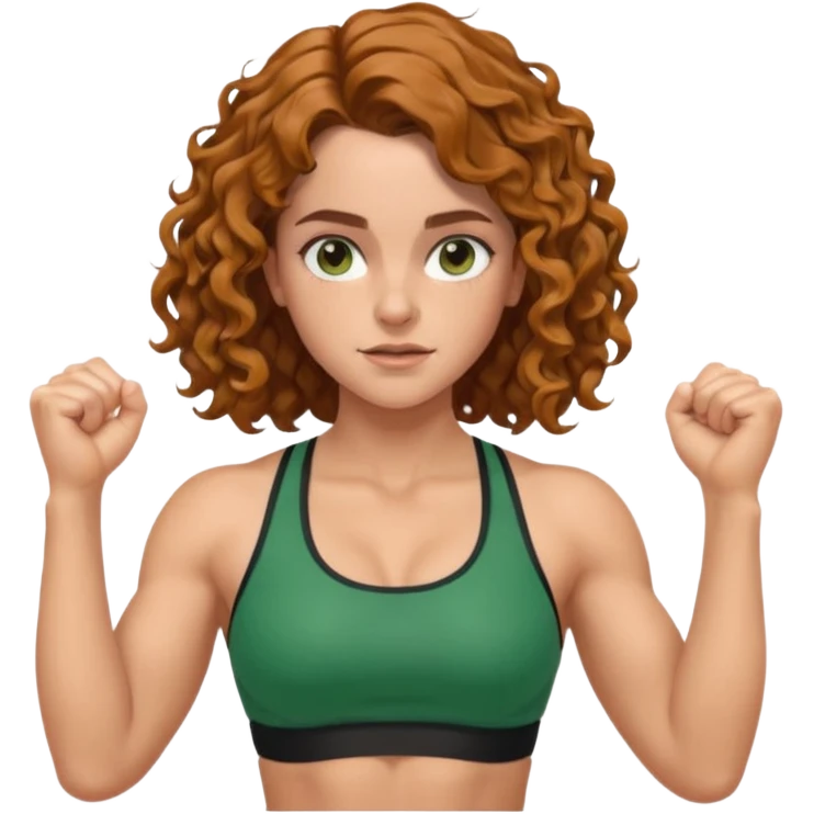 big biceps, muscled torso, very beautiful italian happy girl, looking like Emma Watson, with wavy curly bright hazelnut hair, dressed in green bra sports outfit, pulling up emoji