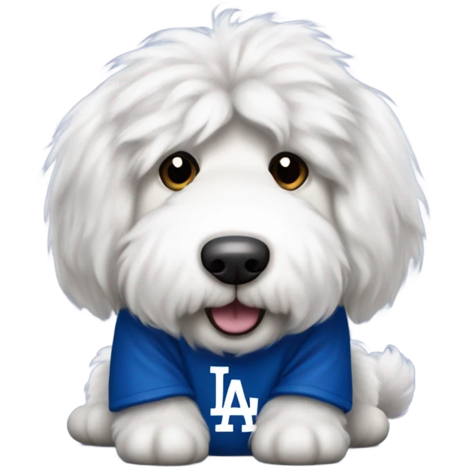 Old English sheepdog waiting for food wearing a Dodgers shirt emoji