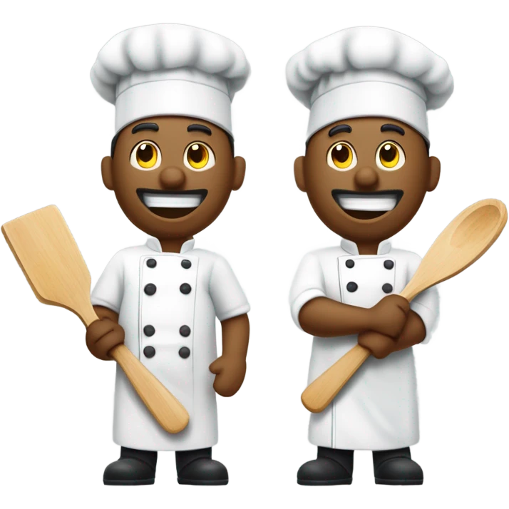 artoon chefs, one holding a spatula and the other a cleaver, are depicted against a light gray background.
The scene composition features two separate, but similar, figures, positioned vertically.  Each figure is centered and presented in a three-quarter view.  The timing is static, implying a moment of action or preparation. The figures are framed to isolate them, emphasizing each character's distinct pose and culinary tools.  The elements are positioned to direct attention to the figures and tools. emoji