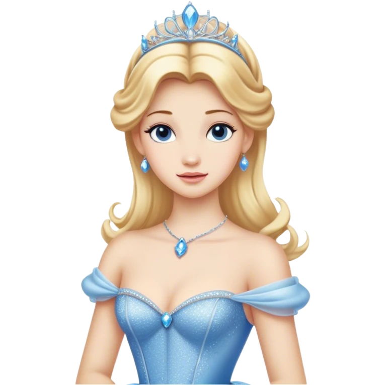 Cinematic Realistic Cinderella Portrait, showcasing her regal elegance in a full ball gown rendered with exquisite detail. Her fair, luminous skin and lustrous blonde hair are highlighted by subtle, shimmering accents and gentle natural light, evoking a magical, transformative aura. emoji