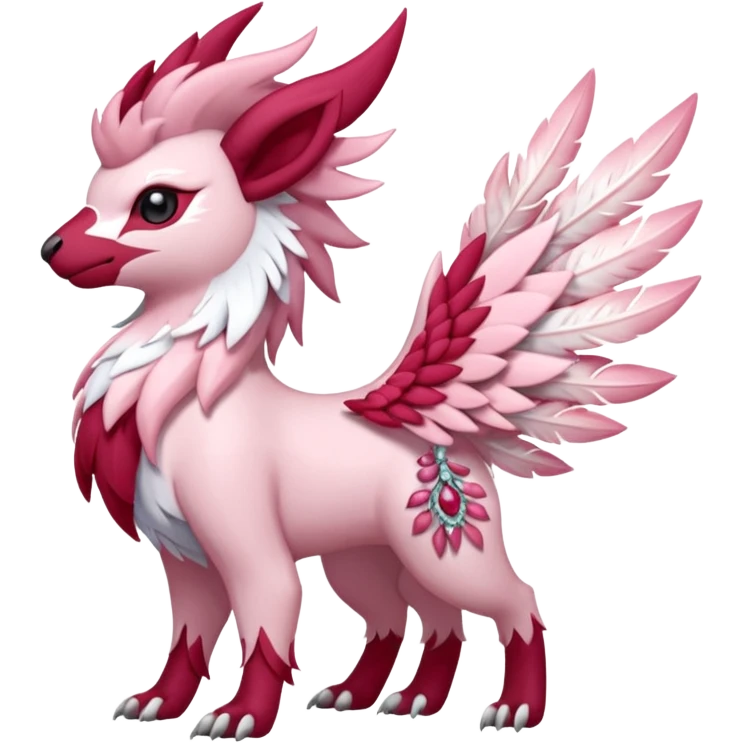 Floral feathery pastel pink and ruby-jewelry-adorned Absol-Amaura-fusion-Fakemon-animal-creature  emoji