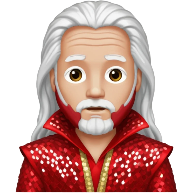 Moses from The Bible with long white hair, red sequin outfit emoji