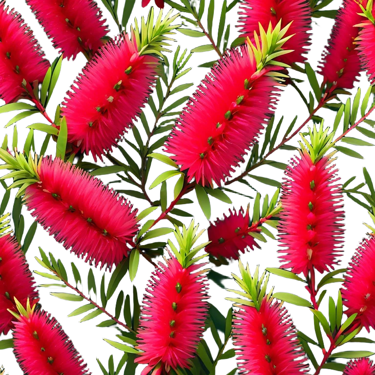 Cinematic Realistic Callistemon Emoji, Vibrant and striking, with spiky red flowers resembling a bottlebrush. The slender leaves create a fine backdrop to the bold blooms, while the plant exudes energy and vitality. Soft glowing outline, capturing the essence of strength, color, and natural beauty in a brilliant callistemon tree! emoji