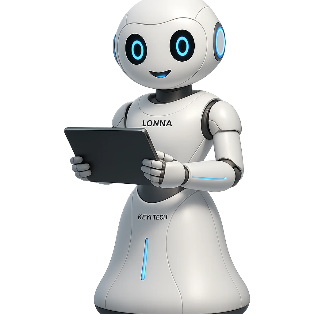 Lonna the robot from Keyi Tech, holding a tablet, streamlined design, blue LED accents, welcoming expression emoji