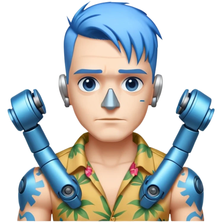 Franky with blue hair, metal nose, Hawaiian shirt, robotic arms emoji