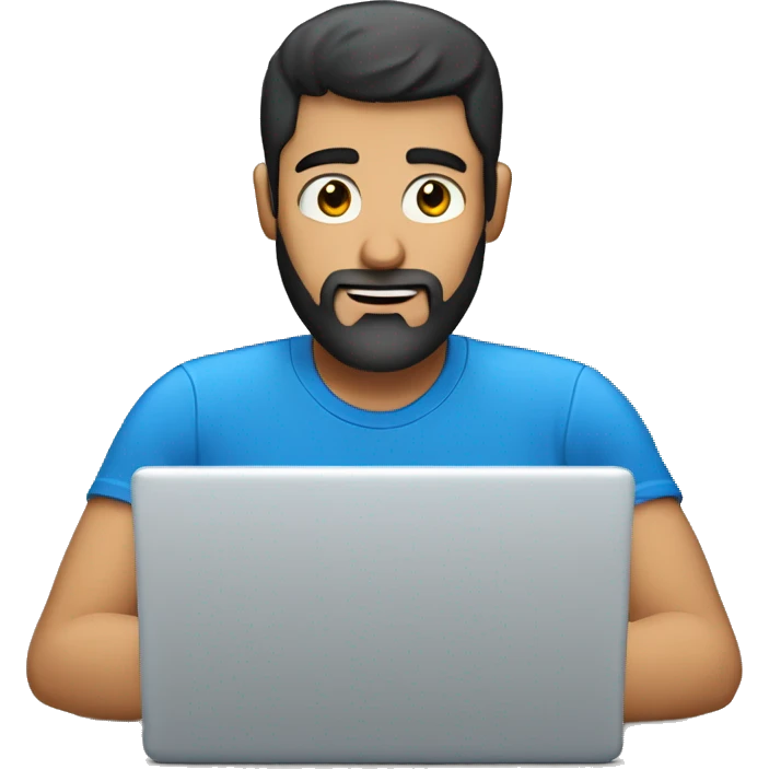 white guy with beard black hair thin face typing in laptop wearing blue t-shirt emoji