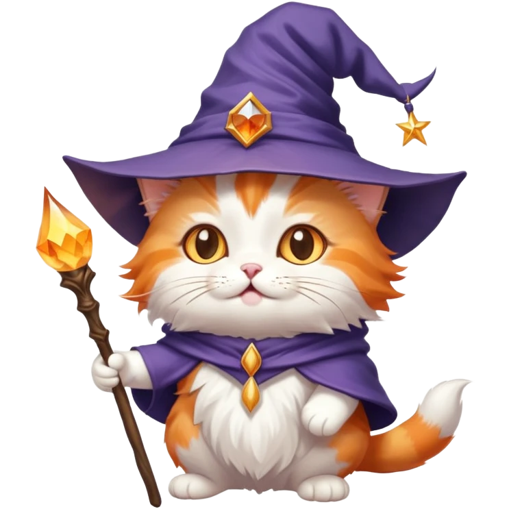 A cute cat with a pointy wizard hat and magic wand casting a spell emoji