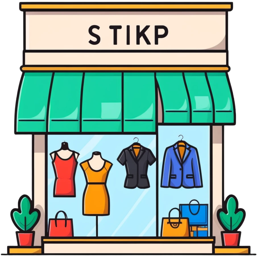 Boutique shop window with price tags and fashion items emoji