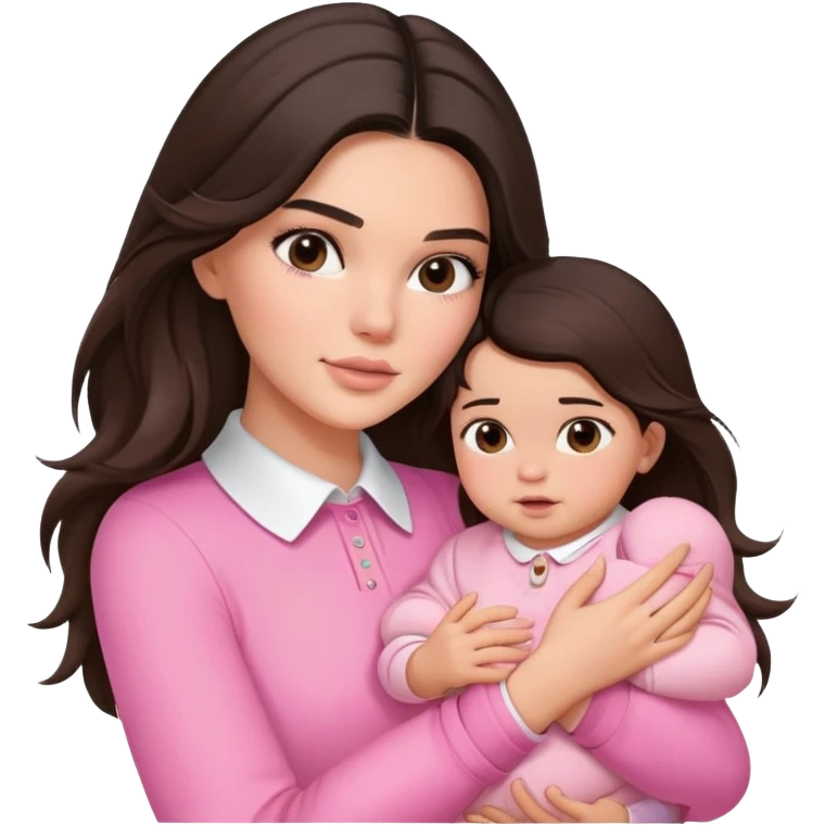 brunette Kendall Jenner with long hair holding on the hands a baby wear on pink collar emoji