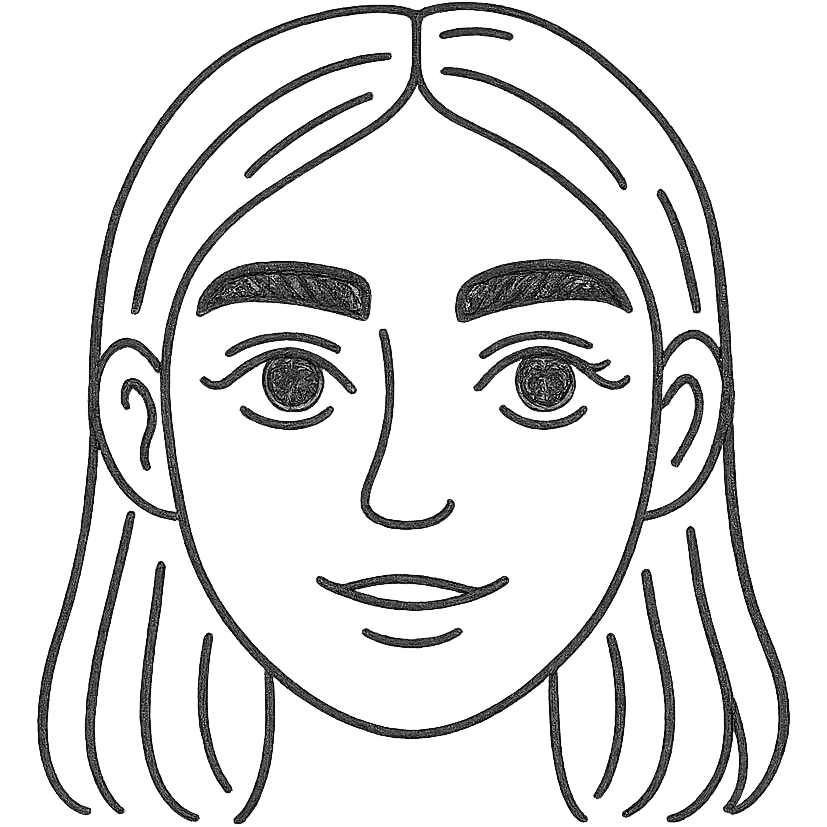 pretty girl with thick eyebrows, straight brown hair and brown eyes, curled eyelashes, hand drawn outlined icon emoji