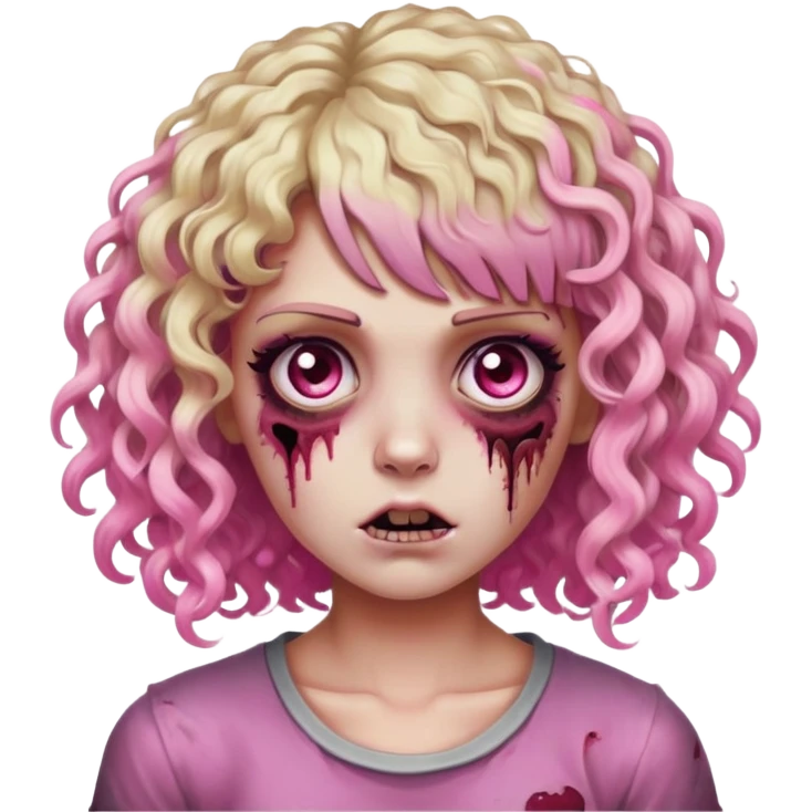 Zombie, Curly hair with bangs, half pink and the front part of the right side pink too, the back part blonde highlights, dark brown eyes  emoji