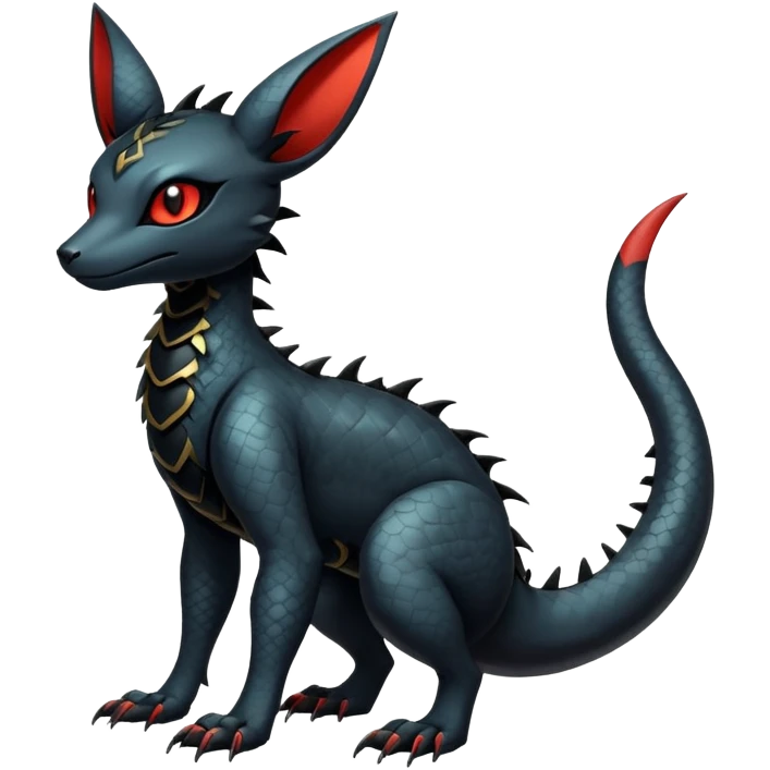 Sophisticated Modern Gothic Gloomy Futuristic Scaly Cyber-Salandit-Umbreon-Litten-Hybrid (Full body) emoji