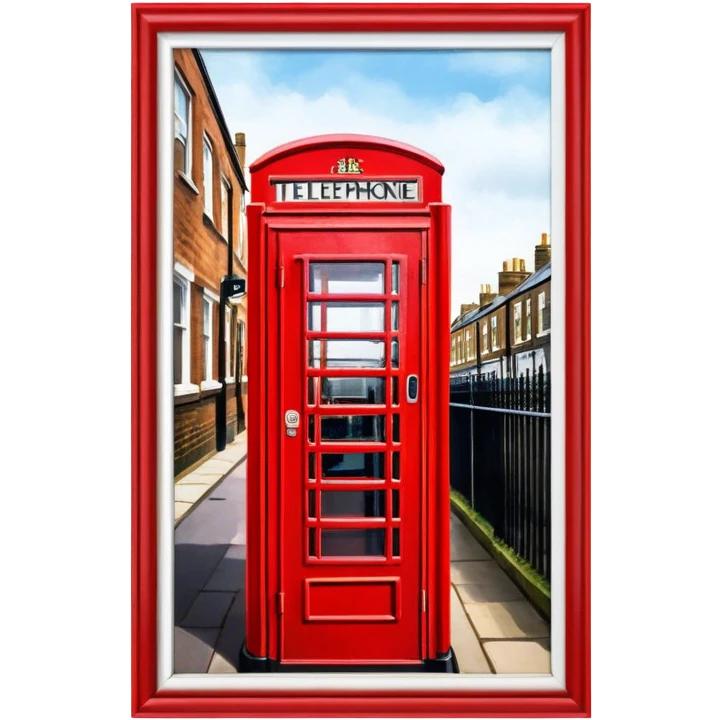 Cinematic Realistic depiction of an iconic red telephone box, rendered in vivid, saturated colors with detailed textures and reflective surfaces, set on a classic English street under soft, diffused daylight emoji