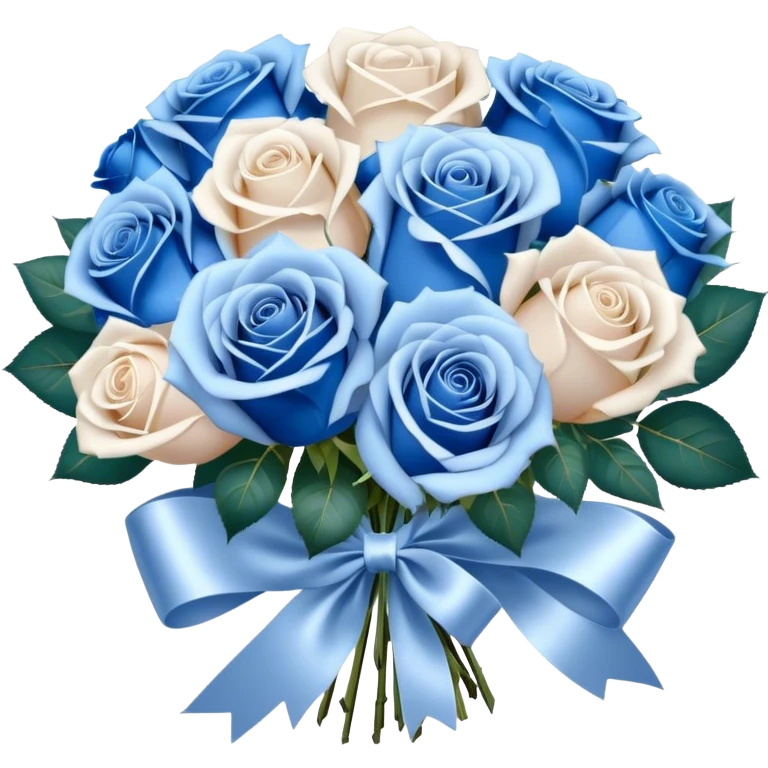 A luxurious bouquet of deep blue and pastel blue roses, elegantly wrapped in pearl satin ribbon, with delicate silver baby's breath flowers adding a shimmering touch emoji