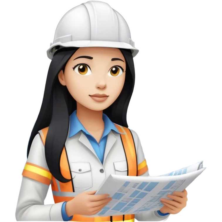 Female civil engineer with long black hair and wears white helmet looks at high rise buildings drawing plan  emoji