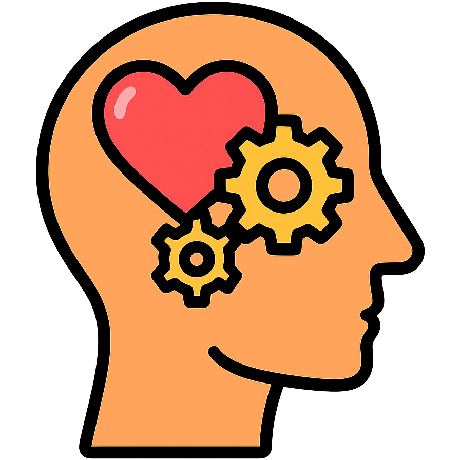 Vector illustration of a human head icon in profile view, with a heart or gears inside the head symbolizing emotional intelligence or cognitive processing. Clean and sharp lines, with subtle realistic shadows and glossy highlights for depth. Flat yet modern vector style. Transparent background emoji