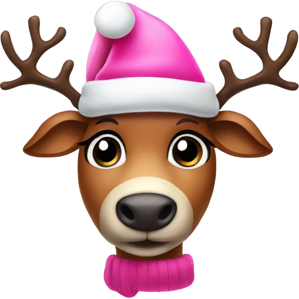 A cute big eyed reindeer with a pink Santa hat emoji