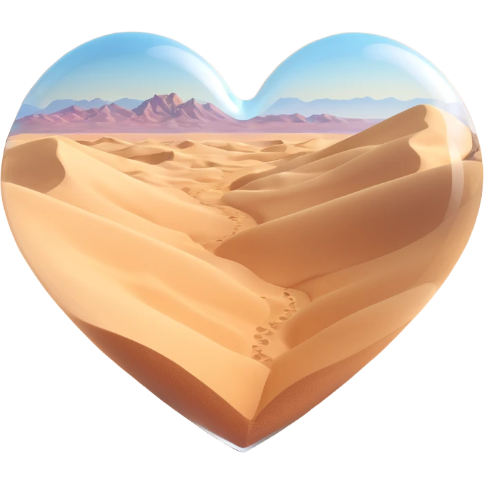 3D emoji of a glass heart, filled with smooth desert sand dunes, no greenery, highly realistic glass appearance emoji