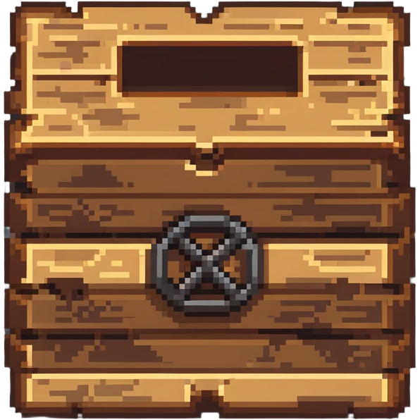Flat 2D wooden crate with metal reinforcements, color #c2410c with darker wood grain, visible wood grain texture, metal bands across the crate, no perspective, flat 2D appearance, breakable look, simple warning symbol, 32x32 pixels emoji