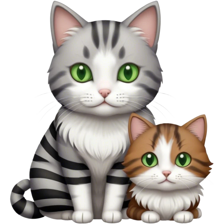 Grey and white cat next to a brown and black striped with white fluffy fur cat. Both cats have green eyes   emoji