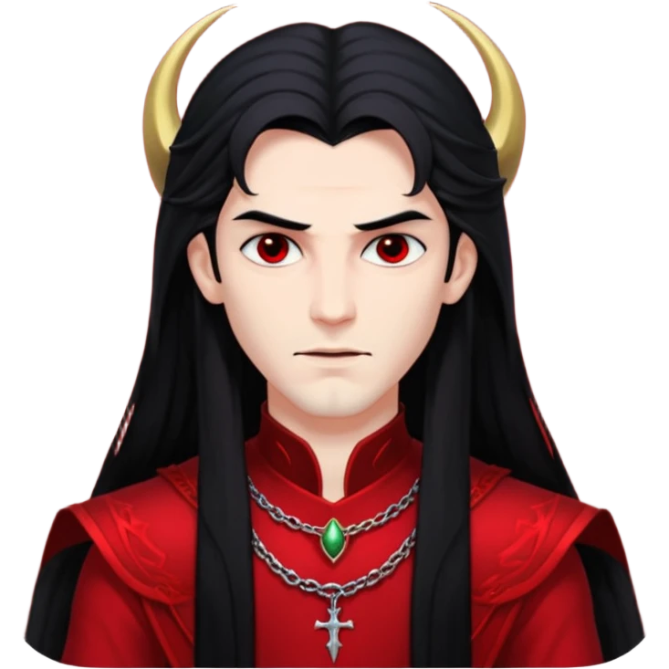 Lucifer, Prince of Darkness from Gods and Goddesses with long black hair, black and red outfit emoji
