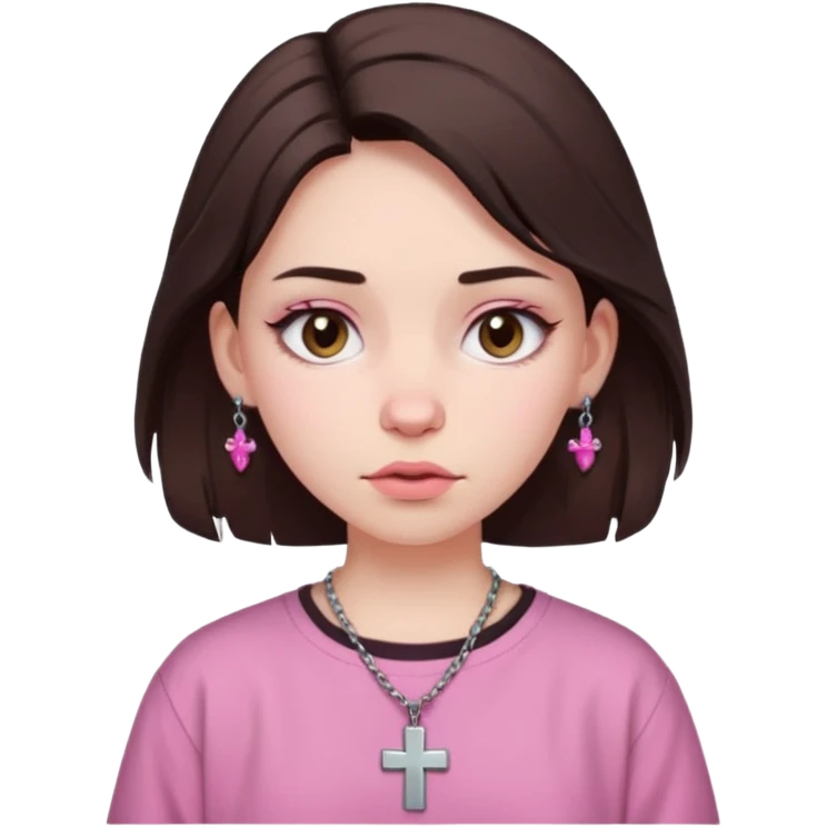 A girl with pale skin, a dark brown wolfcut,baggy pink shirt and cross earrings  emoji