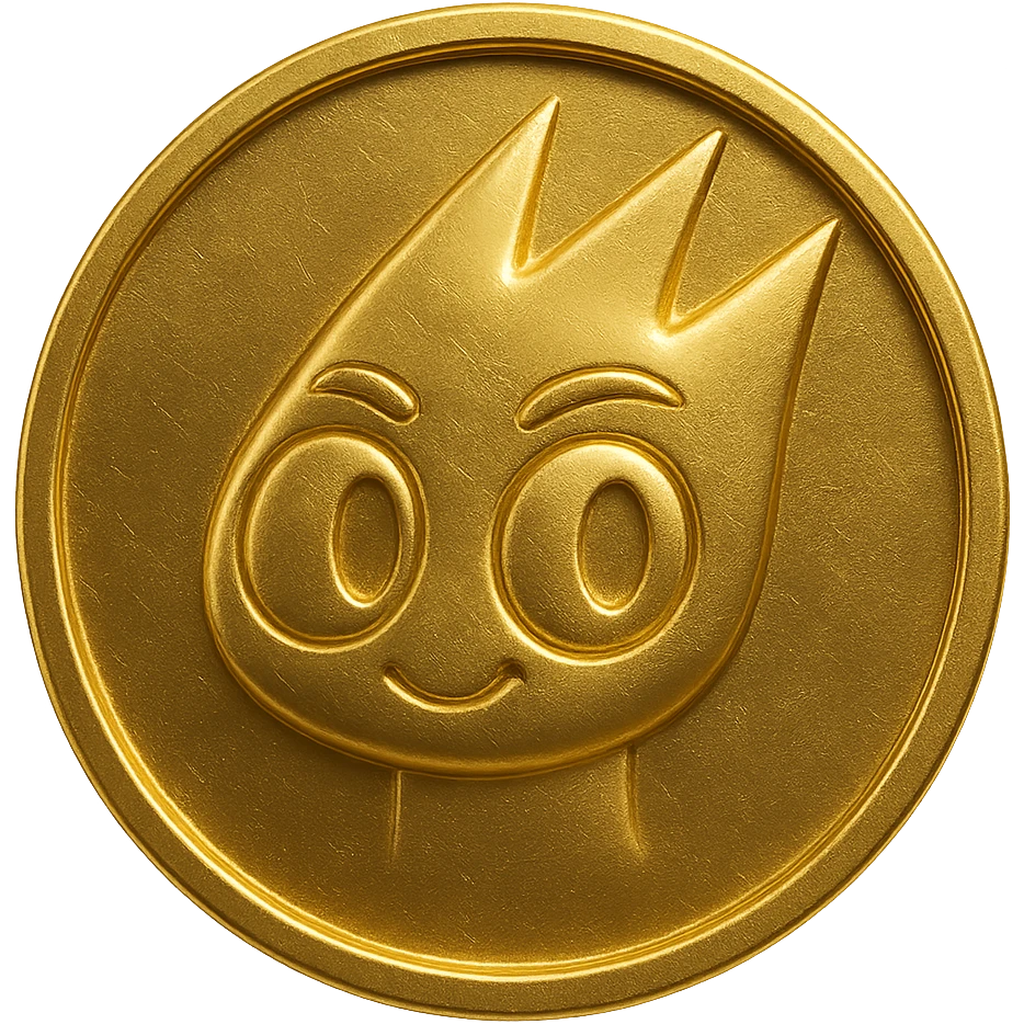 Create a simple flat gold coin with a thin rim, transparent background, no shadows. Feature only the mascot's head from the provided image in gold, centered. No neck or extra details, just the head. Style matches previous option 3 (gold objects style). emoji