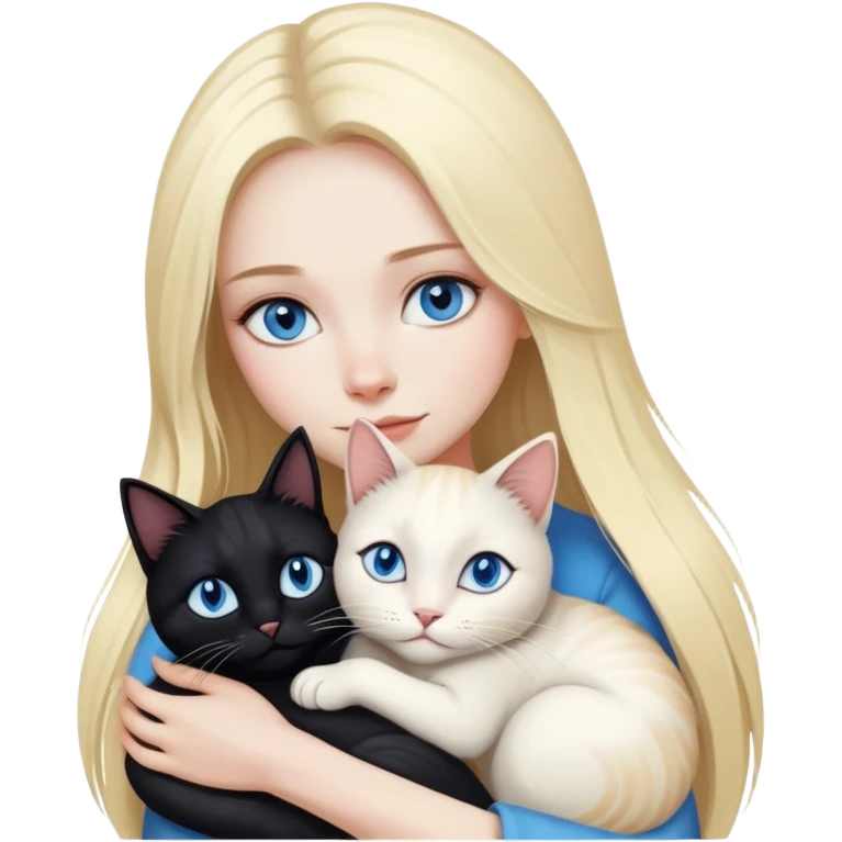 pretty woman with pale skin and with BLUE eyes and very long blonde hair  hugging a bicolor black and white cat emoji