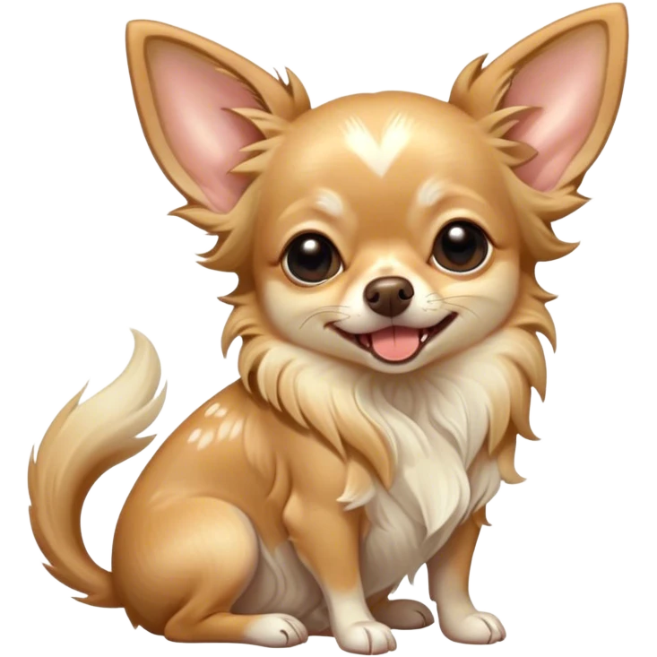 Cinematic Cute Yawning Long Haired Fawn Chihuahua Portrait Emoji, Head tilted slightly with a dramatic, wide-open yawn, flowing long fawn hair with delicate highlights, floppy ears slightly drooping, round dark eyes barely open in drowsy contentment, Simplified yet irresistibly adorable features, highly detailed, glowing with a soft, cozy glow, high shine, relaxed yet expressive, stylized with a touch of whimsy, bright and endearing, soft glowing outline, capturing the essence of a sleepy yet affectionate companion, so drowsy it feels like it could stretch right out of the screen and curl up for a nap! emoji