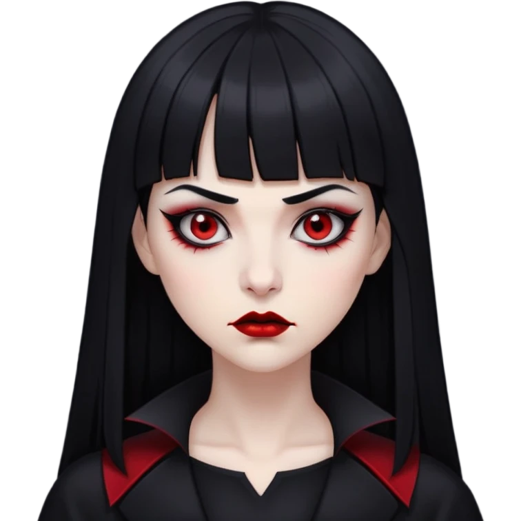 pale woman with black long straight black hair red sleepy eyes with black eyeliner black lipstick vampire teeth straight short bangs serious expression with thin black eyebrows nose piercing black clothe  emoji