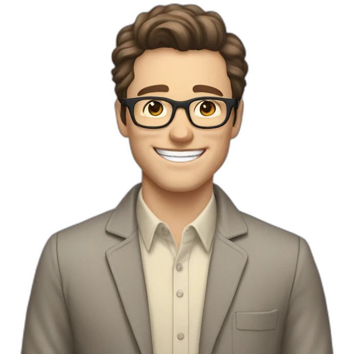Joyful Pale skinned Fit Man With dark brown hair in gray jacket, beige office shirt, Brown pants and vintage glasses. His thrumbs up emoji