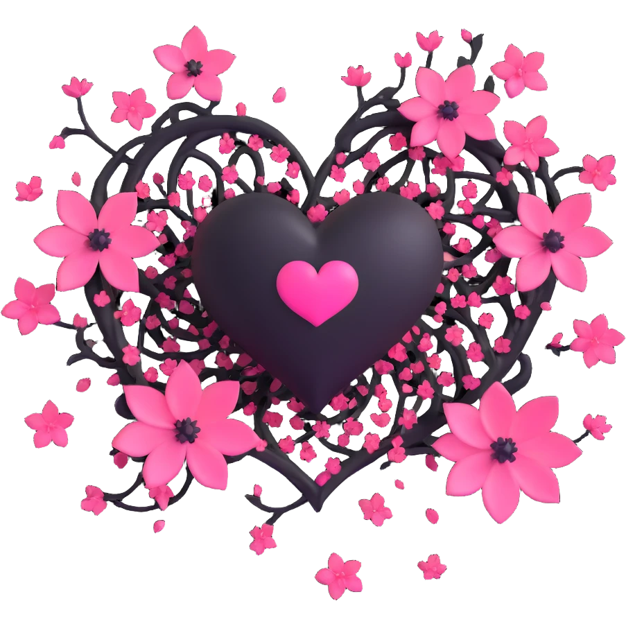 goth sakura black heart with sakura petals swirling and glowing, ethereal and vibrant emoji