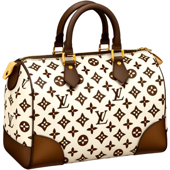 White Designer Louis Vuitton bag with brown and gold monogram and brown trim emoji