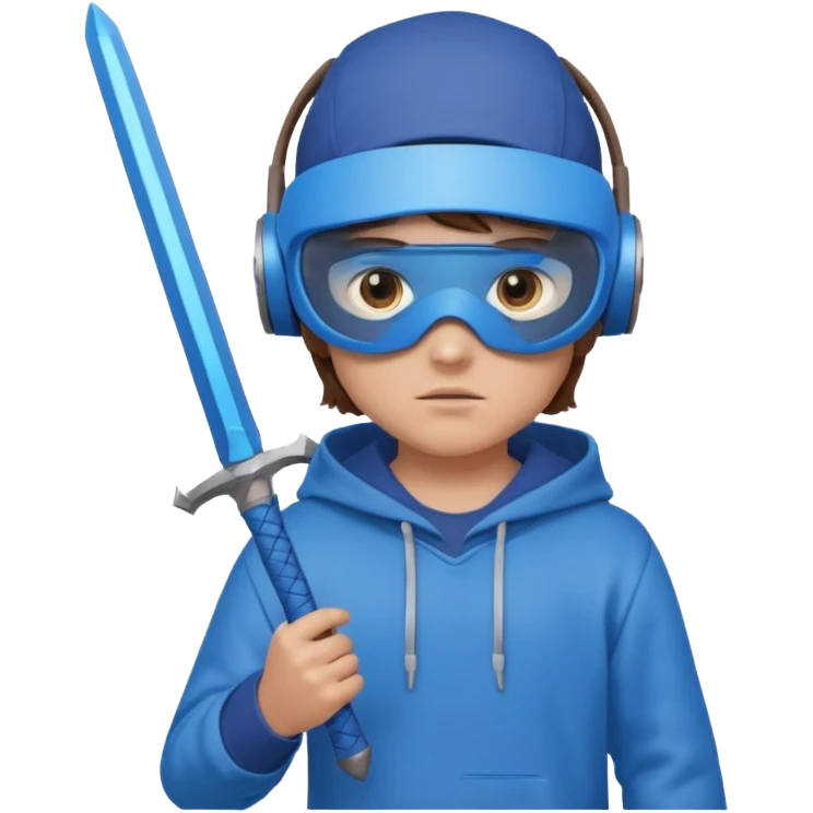 a boy with brown hair, a blue vr headset. a blue hoodie and a blue sword and remove the cap emoji