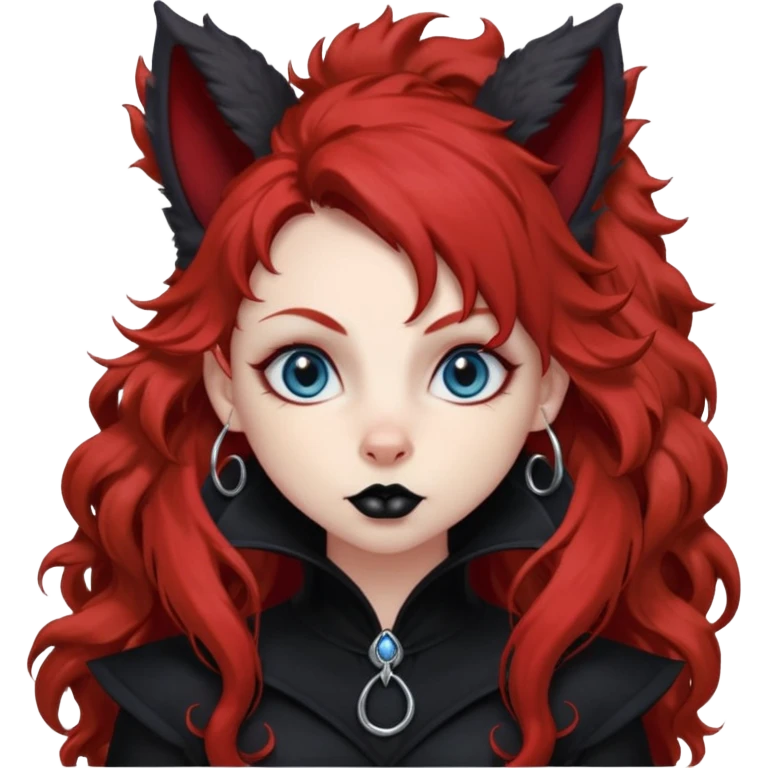  long super curly blood red hair (darker), red pointed squirrel ears with black trim, black goth outfits, body and face human, blue eyes, more pointy chin, black lipstick, one big fluffy red squirrel tail with black tips, close her mouth, less evil looking emoji