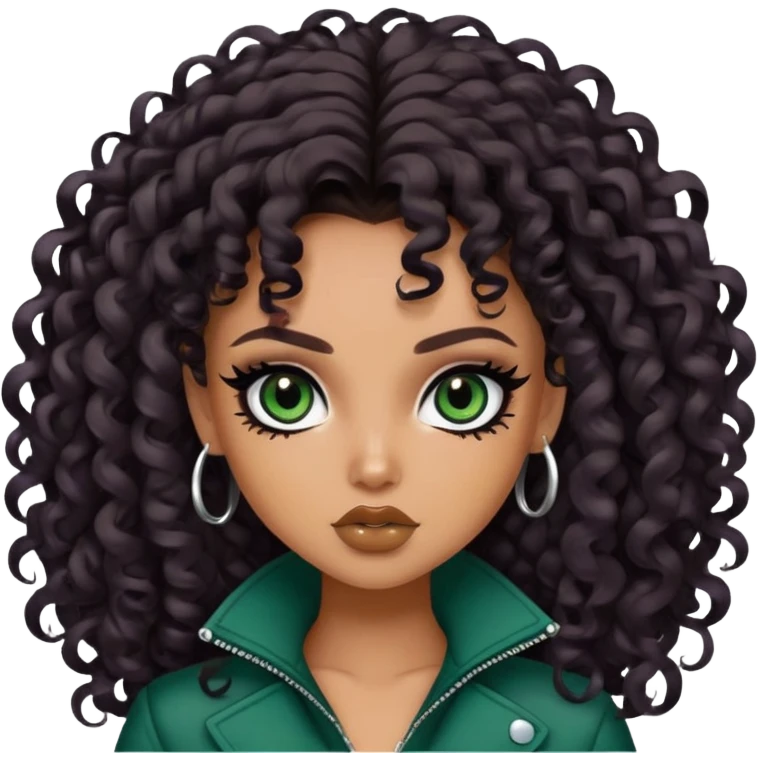 curly long dark brown hair, tan skin,  dark green iris, pretty bratz baddie, strong black eyeliner emoji