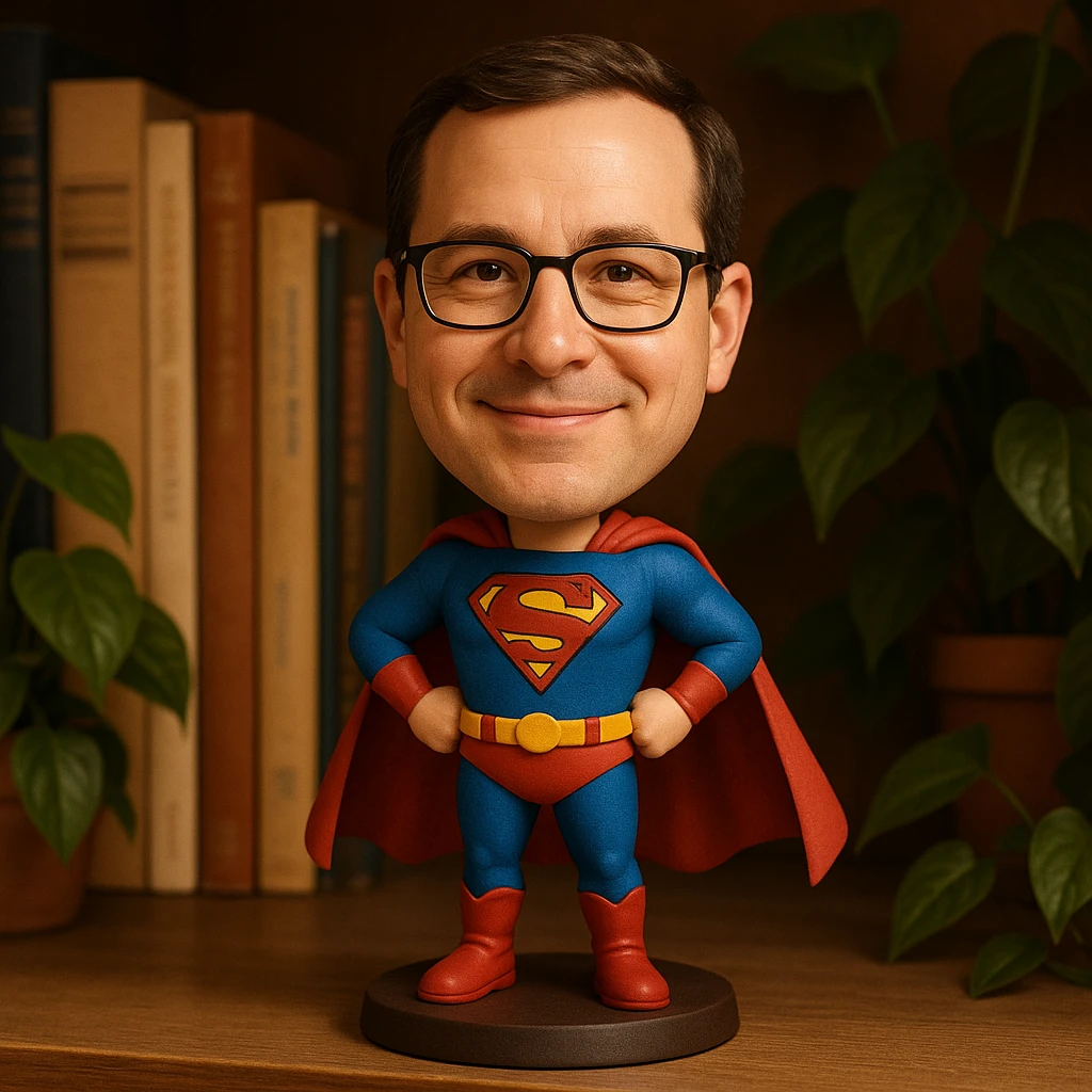 a superhero bobblehead with a cape emoji