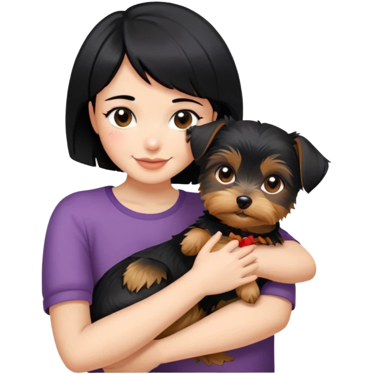 A beautiful girl with short black hair happily hugs a Yorkshire Terrier emoji