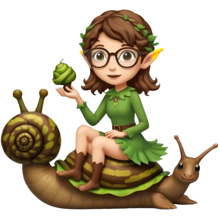 tiny forest elf woman brown wavy hair glasses riding a snail emoji