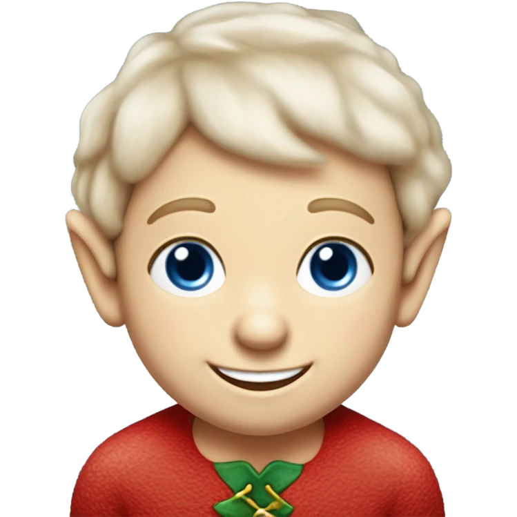 Cute elf on the shelf boy with pale skin, a mischievous smile, rosy cheeks and big blue eyes emoji