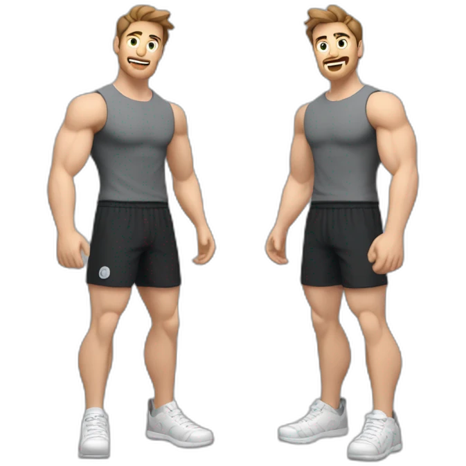 Close up Actively gesturing  with hands Pale skinned Fit Man With the biceps and brown hair in dark gray Sleeveless Mike, black oversize sports shorts, watch and white Sneakers emoji