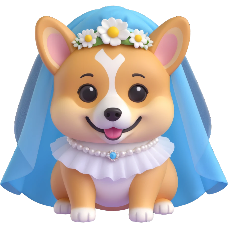 female corgi wearing a bridal veil, 3d emoji style with 20% realistic features, cute and expressive emoji