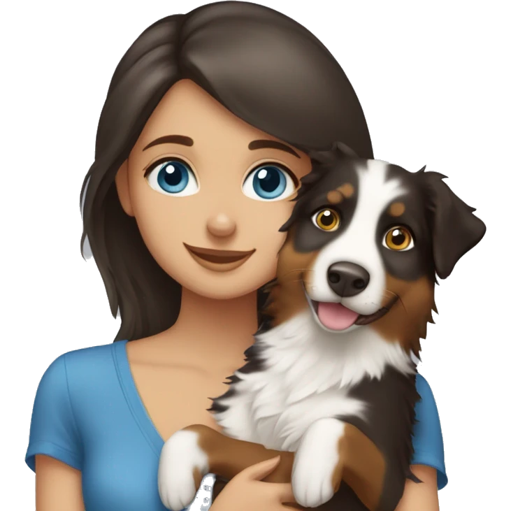 Brunette blue blue-eyed girl hugging Tricolored Australian Shepherd emoji