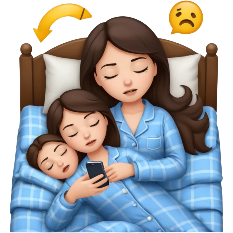 generate a girl brunette sleeping in bed.Her phone ringing. She looks mad emoji