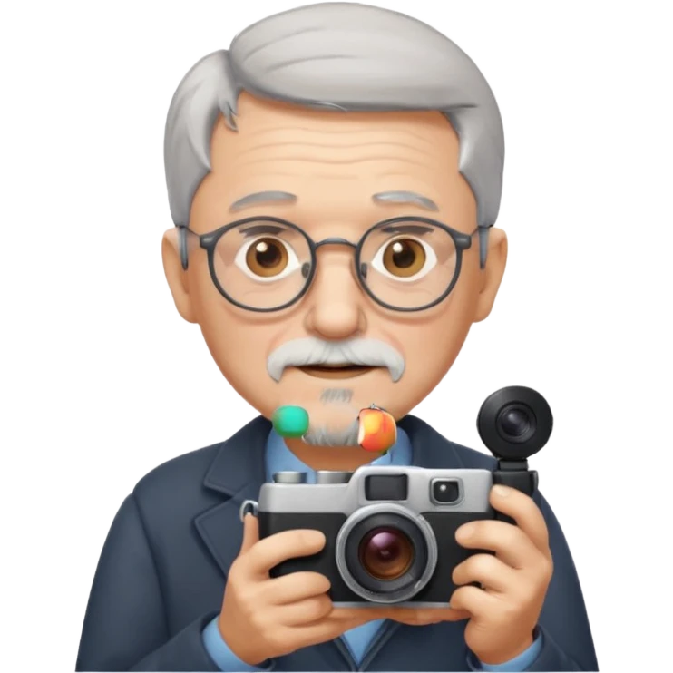 old man with short gray hair, short gray beard, round glasses, holding a camera, Apple emoji style emoji