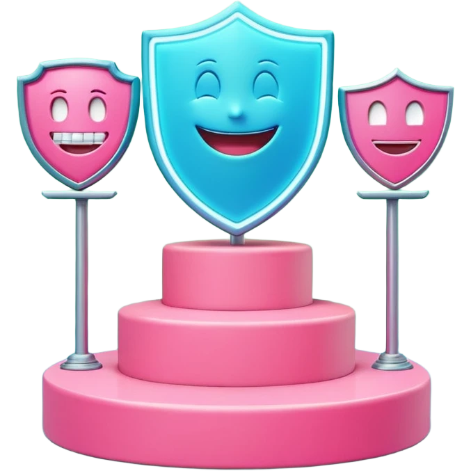 Minimalist 3D emoji-style podium with 2 steps on a green chroma key background. Step 1 (higher) features a handshake icon with blue neon glow. Step 2 (lower) features a smiling tooth with a shield icon and pink neon glow. Clean rendering, soft colors, uniform lighting. emoji