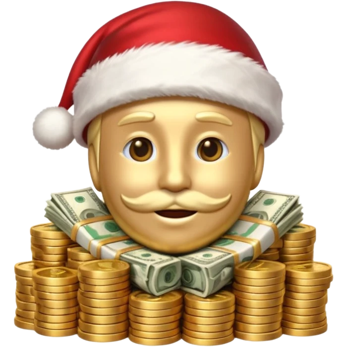 A confident rich emoji face wearing a Santa hat, money stacks, casino vibe, New Year theme, premium 3D emoji style, sharp details, no text, isolated on transparent background emoji