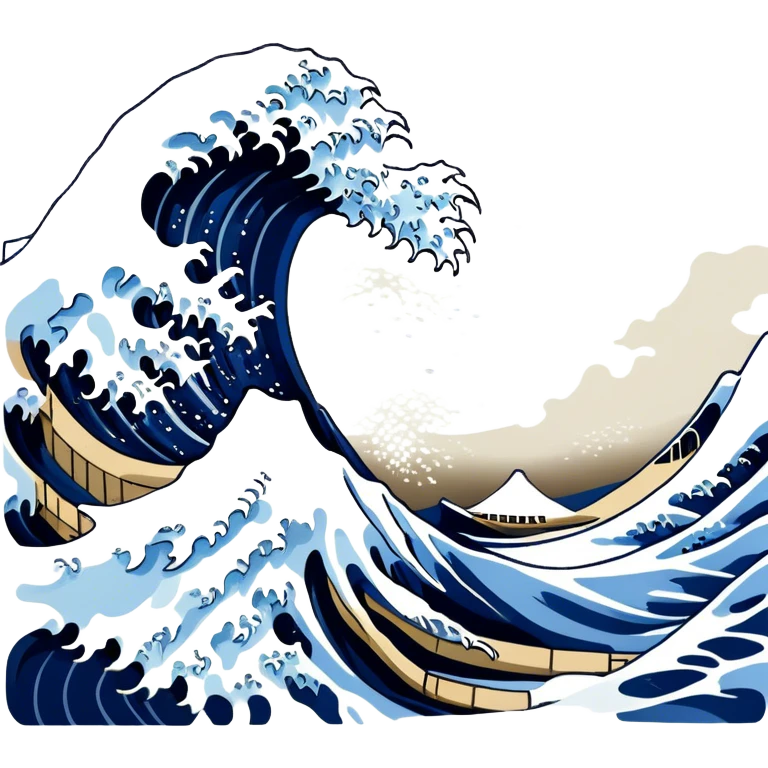 Cinematic Realistic Great Wave off Kanagawa, depicted as a colossal, crashing wave with dynamic blue hues and frothy white crests, rendered with intricate textures and fluid motion that captures both the timeless power and poetic beauty of the iconic Japanese artwork emoji