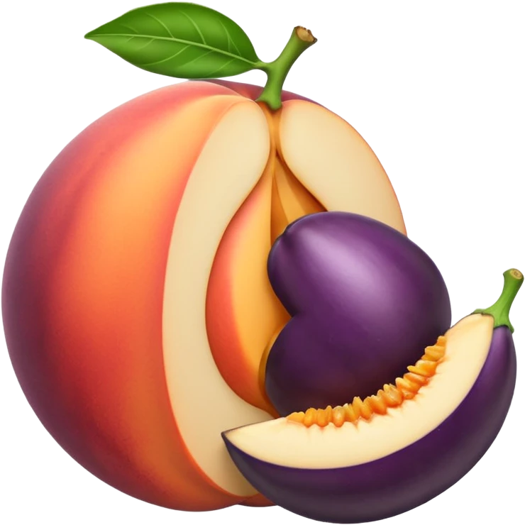 a peach split open with an eggplant inside, simple and bold, emoji style emoji